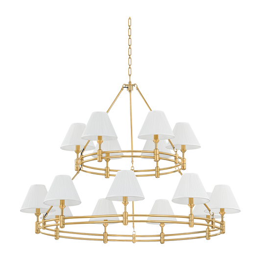 15-Light Two-Tier Silk Shade Chandelier / Aged Brass