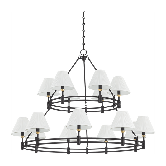 15-Light Two-Tier Silk Shade Chandelier / Aged Brass/Distressed Bronze