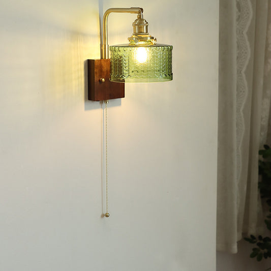 Walnut Brass Glass Retro Wall Light / 7W Three Colors / Green With Switch